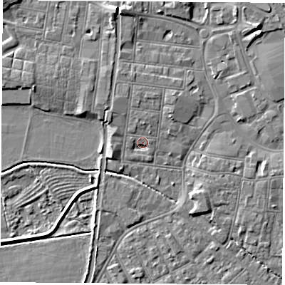 Shaded relief map of the ground around NG101LE, computed from Environment Agency LiDAR. The ground here sits at about 30 m above sea level and falls 7 m across the surrounding 800 m. Surface water reaching this point runs off ground lying to the north, 1.3 m higher.