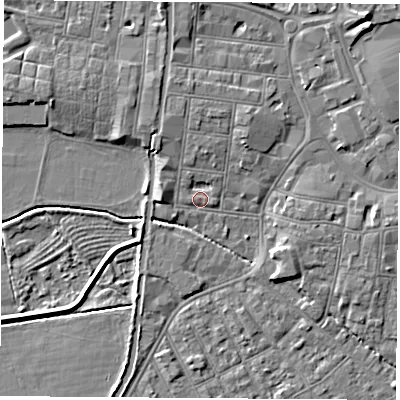 Shaded relief map of the ground around NG101LF, computed from Environment Agency LiDAR. The ground here sits at about 30 m above sea level and falls 6 m across the surrounding 800 m. Surface water reaching this point runs off ground lying to the north, 2.8 m higher.