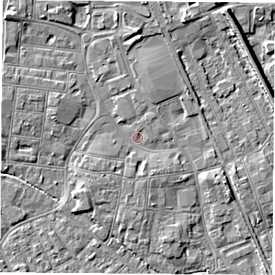 Shaded relief map of the ground around NG101LN, computed from Environment Agency LiDAR. The ground here sits at about 30 m above sea level and falls 9 m across the surrounding 800 m. Surface water reaching this point runs off ground lying to the north-west, 5.2 m higher.