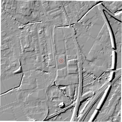 Shaded relief map of the ground around NG101LR, computed from Environment Agency LiDAR. The ground here sits at about 29 m above sea level and falls 8 m across the surrounding 800 m. The ground contributing surface water to this point lies to the south-south-east.