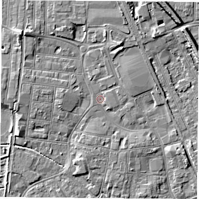 Shaded relief map of the ground around NG101LS, computed from Environment Agency LiDAR. The ground here sits at about 30 m above sea level and falls 9 m across the surrounding 800 m. Surface water reaching this point runs off ground lying to the north-west, 5.2 m higher.