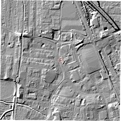 Shaded relief map of the ground around NG101LT, computed from Environment Agency LiDAR. The ground here sits at about 30 m above sea level and falls 10 m across the surrounding 800 m. Surface water reaching this point runs off ground lying to the north-west, 5.2 m higher.