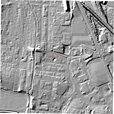 Shaded relief map of the ground around NG101LU, computed from Environment Agency LiDAR. The ground here sits at about 30 m above sea level and falls 12 m across the surrounding 800 m. Surface water reaching this point runs off ground lying to the west-north-west, 3.5 m higher.