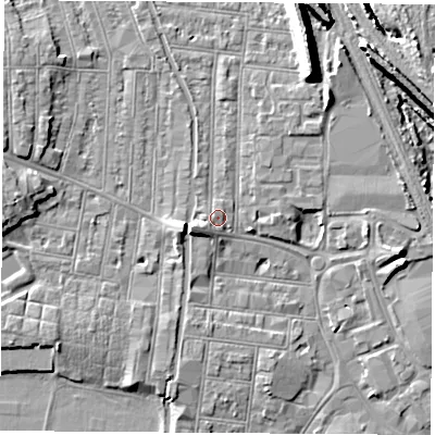 Shaded relief map of the ground around NG101LW, computed from Environment Agency LiDAR. The ground here sits at about 32 m above sea level and falls 11 m across the surrounding 800 m. Surface water reaching this point runs off ground lying to the west-south-west, 2.9 m higher.