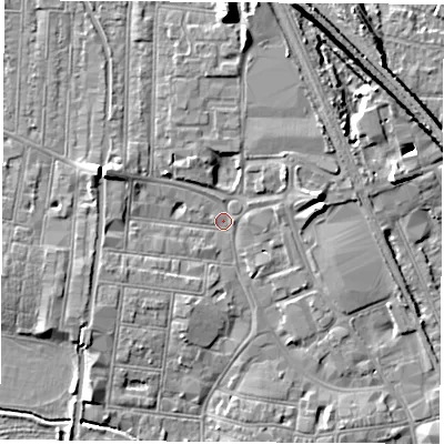 Shaded relief map of the ground around NG101LY, computed from Environment Agency LiDAR. The ground here sits at about 30 m above sea level and falls 13 m across the surrounding 800 m. Surface water reaching this point runs off ground lying to the west-north-west, 5.2 m higher.