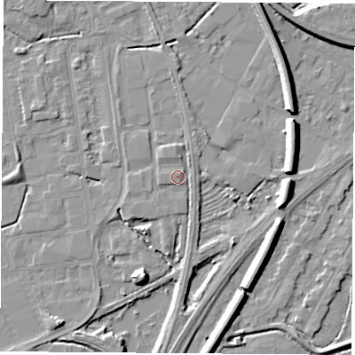 Shaded relief map of the ground around NG101LZ, computed from Environment Agency LiDAR. The ground here sits at about 30 m above sea level and falls 8 m across the surrounding 800 m. Surface water reaching this point runs off ground lying to the north-north-west, 1.5 m higher.
