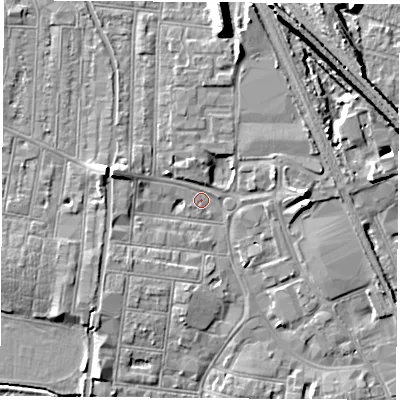 Shaded relief map of the ground around NG101NA, computed from Environment Agency LiDAR. The ground here sits at about 30 m above sea level and falls 13 m across the surrounding 800 m. Surface water reaching this point runs off ground lying to the west-north-west, 3.9 m higher.