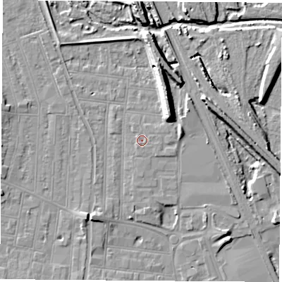 Shaded relief map of the ground around NG101NF, computed from Environment Agency LiDAR. The ground here sits at about 32 m above sea level and falls 12 m across the surrounding 800 m. Surface water reaching this point runs off ground lying to the east-south-east, 0.8 m higher.