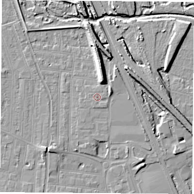 Shaded relief map of the ground around NG101NG, computed from Environment Agency LiDAR. The ground here sits at about 32 m above sea level and falls 13 m across the surrounding 800 m. Surface water reaching this point runs off ground lying to the east-north-east, 1.0 m higher.