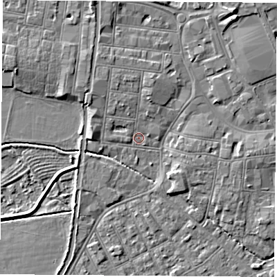Shaded relief map of the ground around NG101NH, computed from Environment Agency LiDAR. The ground here sits at about 29 m above sea level and falls 6 m across the surrounding 800 m. Surface water reaching this point runs off ground lying to the north-north-west, 2.8 m higher.