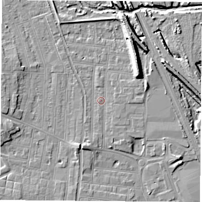 Shaded relief map of the ground around NG101NJ, computed from Environment Agency LiDAR. The ground here sits at about 32 m above sea level and falls 12 m across the surrounding 800 m. Surface water reaching this point runs off ground lying to the north-east, 9.4 m higher.