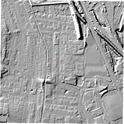 Shaded relief map of the ground around NG101NL, computed from Environment Agency LiDAR. The ground here sits at about 32 m above sea level and falls 11 m across the surrounding 800 m. Surface water reaching this point runs off ground lying to the north-east, 1.1 m higher.