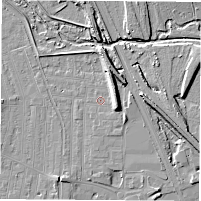 Shaded relief map of the ground around NG101NN, computed from Environment Agency LiDAR. The ground here sits at about 32 m above sea level and falls 12 m across the surrounding 800 m. Surface water reaching this point runs off ground lying to the east-north-east, 8.4 m higher.