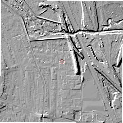 Shaded relief map of the ground around NG101NQ, computed from Environment Agency LiDAR. The ground here sits at about 31 m above sea level and falls 12 m across the surrounding 800 m. Surface water reaching this point runs off ground lying to the east, 9.4 m higher.