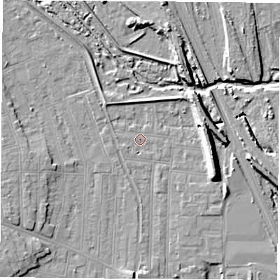 Shaded relief map of the ground around NG101NS, computed from Environment Agency LiDAR. The ground here sits at about 31 m above sea level and falls 11 m across the surrounding 800 m. Surface water reaching this point runs off ground lying to the south, 4.1 m higher.
