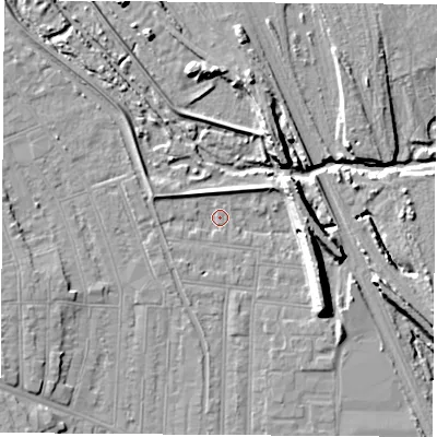 Shaded relief map of the ground around NG101NT, computed from Environment Agency LiDAR. The ground here sits at about 31 m above sea level and falls 12 m across the surrounding 800 m. Surface water reaching this point runs off ground lying to the west-south-west, 1.6 m higher.