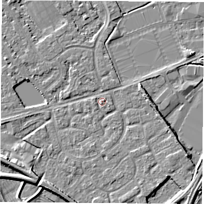 Shaded relief map of the ground around NG101NW, computed from Environment Agency LiDAR. The ground here sits at about 29 m above sea level and falls 7 m across the surrounding 800 m. Surface water reaching this point runs off ground lying to the east, 4.1 m higher.