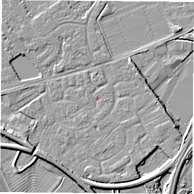Shaded relief map of the ground around NG101NX, computed from Environment Agency LiDAR. The ground here sits at about 29 m above sea level and falls 7 m across the surrounding 800 m. Surface water reaching this point runs off ground lying to the north-east, 4.1 m higher.