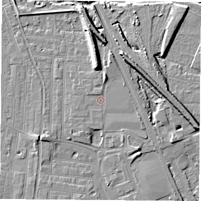 Shaded relief map of the ground around NG101NY, computed from Environment Agency LiDAR. The ground here sits at about 32 m above sea level and falls 13 m across the surrounding 800 m. Surface water reaching this point runs off ground lying to the north-north-east, 2.7 m higher.