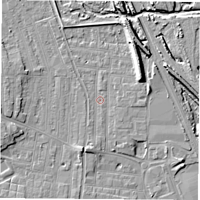 Shaded relief map of the ground around NG101PA, computed from Environment Agency LiDAR. The ground here sits at about 31 m above sea level and falls 12 m across the surrounding 800 m. Surface water reaching this point runs off ground lying to the north-east, 9.4 m higher.