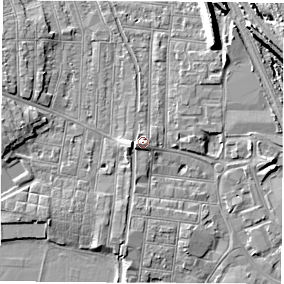 Shaded relief map of the ground around NG101PD, computed from Environment Agency LiDAR. The ground here sits at about 32 m above sea level and falls 11 m across the surrounding 800 m. Surface water reaching this point runs off ground lying to the west-south-west, 3.0 m higher.