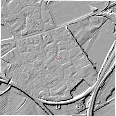 Shaded relief map of the ground around NG101PF, computed from Environment Agency LiDAR. The ground here sits at about 29 m above sea level and falls 7 m across the surrounding 800 m. Surface water reaching this point runs off ground lying to the south-south-east, 1.6 m higher.