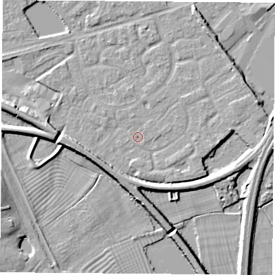 Shaded relief map of the ground around NG101PG, computed from Environment Agency LiDAR. The ground here sits at about 29 m above sea level and falls 7 m across the surrounding 800 m. Surface water reaching this point runs off ground lying to the east-south-east, 1.4 m higher.