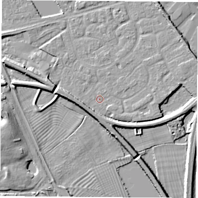 Shaded relief map of the ground around NG101PH, computed from Environment Agency LiDAR. The ground here sits at about 29 m above sea level and falls 8 m across the surrounding 800 m. Surface water reaching this point runs off ground lying to the west-south-west, 6.4 m higher.