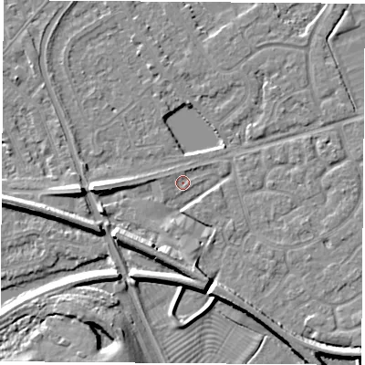 Shaded relief map of the ground around NG101PJ, computed from Environment Agency LiDAR. The ground here sits at about 29 m above sea level and falls 8 m across the surrounding 800 m. Surface water reaching this point runs off ground lying to the south-south-west, 5.6 m higher.