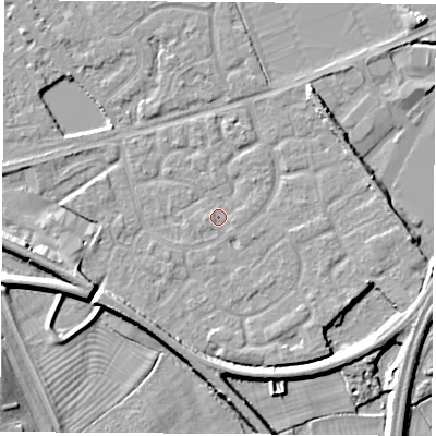 Shaded relief map of the ground around NG101PL, computed from Environment Agency LiDAR. The ground here sits at about 29 m above sea level and falls 8 m across the surrounding 800 m. Surface water reaching this point runs off ground lying to the west, 0.7 m higher.