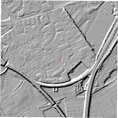 Shaded relief map of the ground around NG101PP, computed from Environment Agency LiDAR. The ground here sits at about 30 m above sea level and falls 7 m across the surrounding 800 m. Surface water reaching this point runs off ground lying to the south-east, 1.2 m higher.