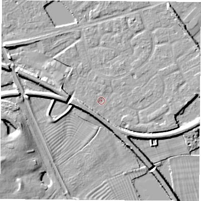 Shaded relief map of the ground around NG101PQ, computed from Environment Agency LiDAR. The ground here sits at about 30 m above sea level and falls 8 m across the surrounding 800 m. Surface water reaching this point runs off ground lying to the south-west, 5.5 m higher.