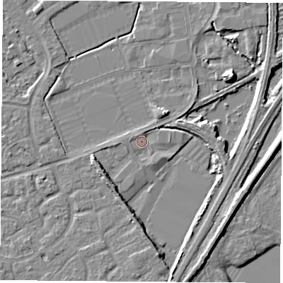 Shaded relief map of the ground around NG101PR, computed from Environment Agency LiDAR. The ground here sits at about 29 m above sea level and falls 8 m across the surrounding 800 m. Surface water reaching this point runs off ground lying to the south, 5.5 m higher.