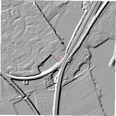 Shaded relief map of the ground around NG101PS, computed from Environment Agency LiDAR. The ground here sits at about 30 m above sea level and falls 8 m across the surrounding 800 m. Surface water reaching this point runs off ground lying to the north, 4.9 m higher.