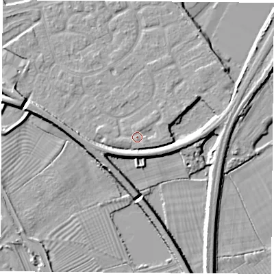 Shaded relief map of the ground around NG101PT, computed from Environment Agency LiDAR. The ground here sits at about 30 m above sea level and falls 7 m across the surrounding 800 m. Surface water reaching this point runs off ground lying to the east, 1.0 m higher.