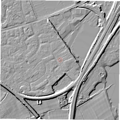 Shaded relief map of the ground around NG101PU, computed from Environment Agency LiDAR. The ground here sits at about 30 m above sea level and falls 7 m across the surrounding 800 m. Surface water reaching this point runs off ground lying to the east, 2.8 m higher.