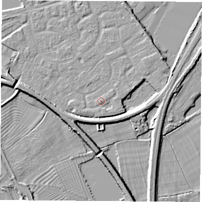 Shaded relief map of the ground around NG101PW, computed from Environment Agency LiDAR. The ground here sits at about 30 m above sea level and falls 7 m across the surrounding 800 m. Surface water reaching this point runs off ground lying to the east-south-east, 1.0 m higher.