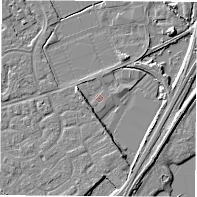 Shaded relief map of the ground around NG101PX, computed from Environment Agency LiDAR. The ground here sits at about 29 m above sea level and falls 8 m across the surrounding 800 m. Surface water reaching this point runs off ground lying to the west, 3.5 m higher.