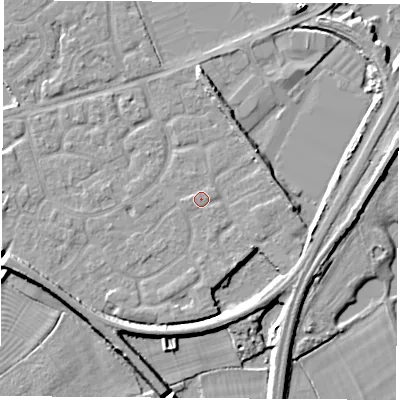 Shaded relief map of the ground around NG101PY, computed from Environment Agency LiDAR. The ground here sits at about 30 m above sea level and falls 8 m across the surrounding 800 m. Surface water reaching this point runs off ground lying to the west-south-west, 0.6 m higher.