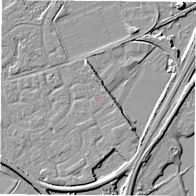 Shaded relief map of the ground around NG101PZ, computed from Environment Agency LiDAR. The ground here sits at about 29 m above sea level and falls 8 m across the surrounding 800 m. Surface water reaching this point runs off ground lying to the east, 3.2 m higher.