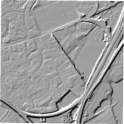 Shaded relief map of the ground around NG101QA, computed from Environment Agency LiDAR. The ground here sits at about 30 m above sea level and falls 7 m across the surrounding 800 m. Surface water reaching this point runs off ground lying to the east, 3.0 m higher.