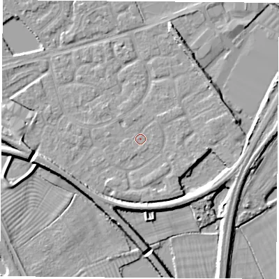 Shaded relief map of the ground around NG101QB, computed from Environment Agency LiDAR. The ground here sits at about 30 m above sea level and falls 7 m across the surrounding 800 m. Surface water reaching this point runs off ground lying to the east-south-east, 1.2 m higher.