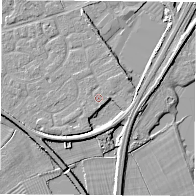Shaded relief map of the ground around NG101QD, computed from Environment Agency LiDAR. The ground here sits at about 30 m above sea level and falls 7 m across the surrounding 800 m. Surface water reaching this point runs off ground lying to the south-east, 0.7 m higher.