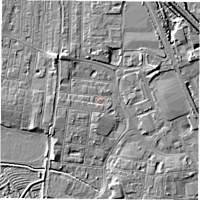 Shaded relief map of the ground around NG101QQ, computed from Environment Agency LiDAR. The ground here sits at about 31 m above sea level and falls 10 m across the surrounding 800 m. Surface water reaching this point runs off ground lying to the west, 2.0 m higher.