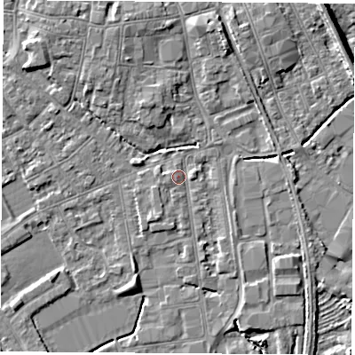Shaded relief map of the ground around NG101QX, computed from Environment Agency LiDAR. The ground here sits at about 29 m above sea level and falls 7 m across the surrounding 800 m. Surface water reaching this point runs off ground lying to the south-south-west, 1.8 m higher.