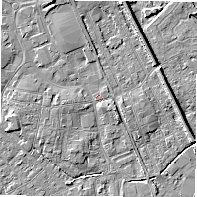 Shaded relief map of the ground around NG101QZ, computed from Environment Agency LiDAR. The ground here sits at about 30 m above sea level and falls 8 m across the surrounding 800 m. Surface water reaching this point runs off ground lying to the north-north-west, 5.4 m higher.