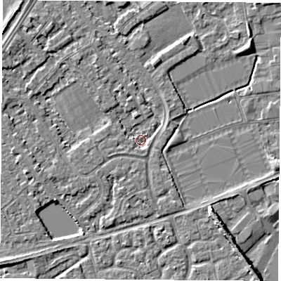 Shaded relief map of the ground around NG101RA, computed from Environment Agency LiDAR. The ground here sits at about 28 m above sea level and falls 5 m across the surrounding 800 m. Surface water reaching this point runs off ground lying to the south-east, 2.0 m higher.