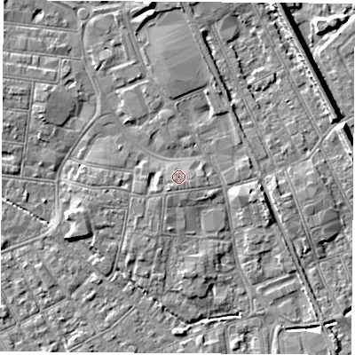 Shaded relief map of the ground around NG101RB, computed from Environment Agency LiDAR. The ground here sits at about 30 m above sea level and falls 8 m across the surrounding 800 m. Surface water reaching this point runs off ground lying to the south-south-west, 0.6 m higher.