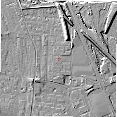 Shaded relief map of the ground around NG101RY, computed from Environment Agency LiDAR. The ground here sits at about 32 m above sea level and falls 13 m across the surrounding 800 m. Surface water reaching this point runs off ground lying to the north-east, 0.6 m higher.