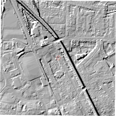 Shaded relief map of the ground around NG102AD, computed from Environment Agency LiDAR. The ground here sits at about 29 m above sea level and falls 10 m across the surrounding 800 m. Surface water reaching this point runs off ground lying to the north-west, 5.1 m higher.